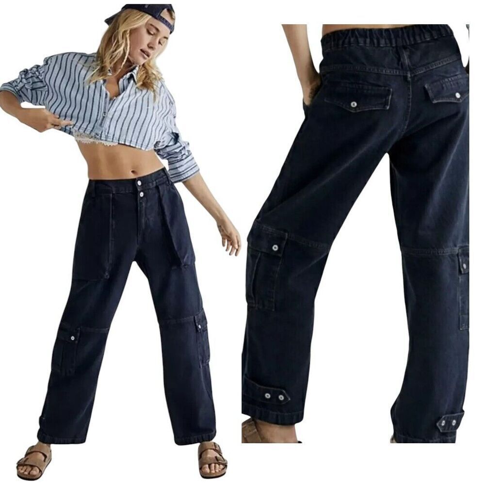 We the Free People 25 Marx‎ Slouchy Cargo Jeans Pants Tab Button Baggy Wide Leg